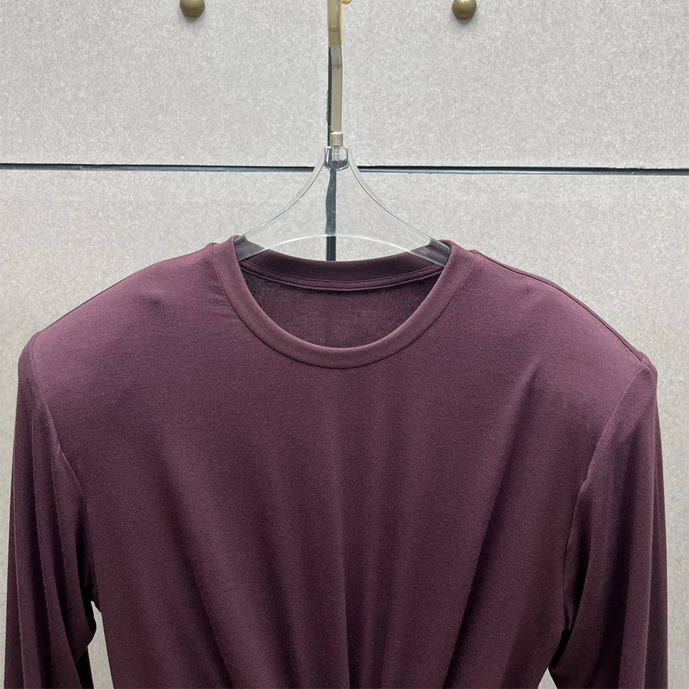 Ladies Cotton‑blend Long Sleeve Tee Crew Neck Front Twisted Knot Ruched Slim Fashion Cropped T‑Shirt Women Casual Daily Tops