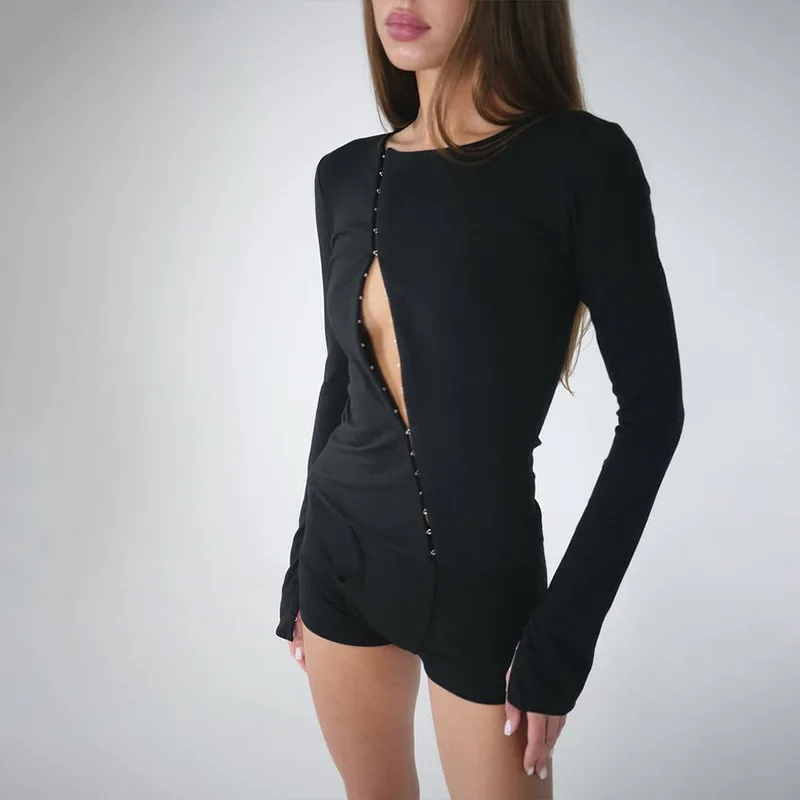 

Fashion New Sexy Women's Clothing Design Sense Breasted Street Hottie Round Neck Long Sleeve T-shirt Solid Color