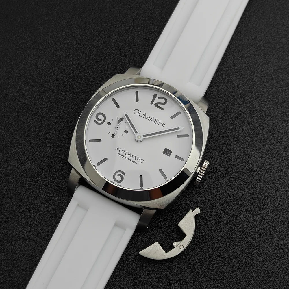 44MM Men White Dial Watch,316L Stainless Steel Case,Sapphire Glass,Leather Strap,Seagull ST2555 Automatic Movement