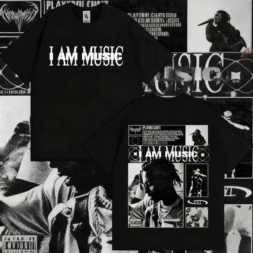 

2025 Summer Rapper Playboi Katie I Am A Music Album Logo T-shirt Male Hip-hop Retro Cotton Short-sleeved Casual Loose T-shirt.