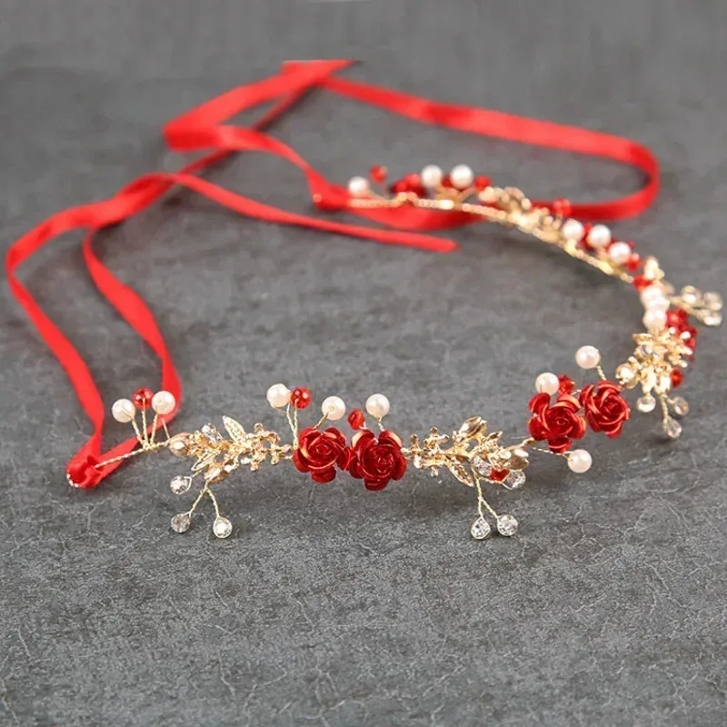 

XT8Girls Women Red Hair Band Rhinestone Bridal Headdress Wedding Fairy Rose Flower Headbands Garland for PartyXT6@!