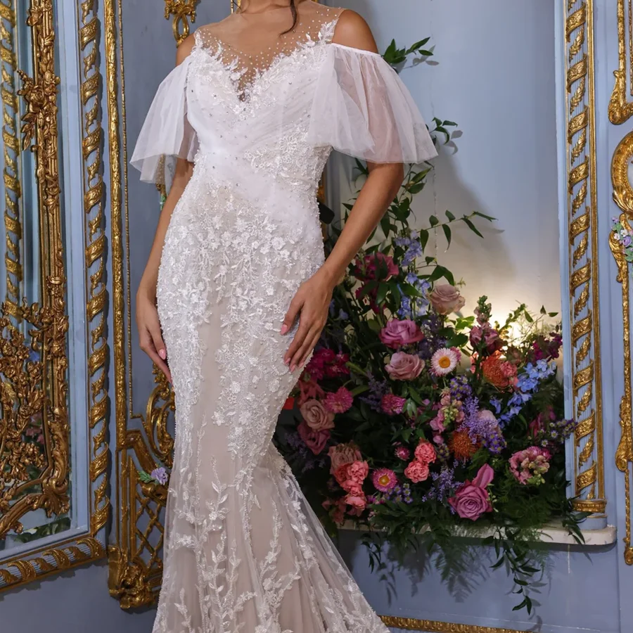 Elegante O-Ausschnitt Applikationen Perlen Puffärmel Meerjungfrau Braut Brautkleider Brautkleider Maßgeschneidert