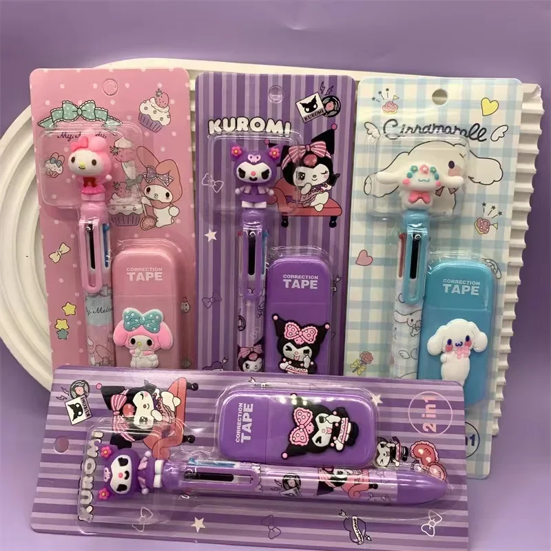 2Pcs/Set 6 Multicolored Pens correction tape Sanrio mymelody Kuromi Cinnamoroll Kawaii bear Cartoon Ballpoint Pen School Supply