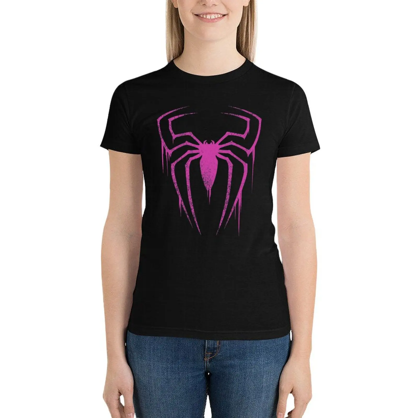 Camiseta con símbolo de araña para mujer, tops de verano, ropa para mujer, versión rosa