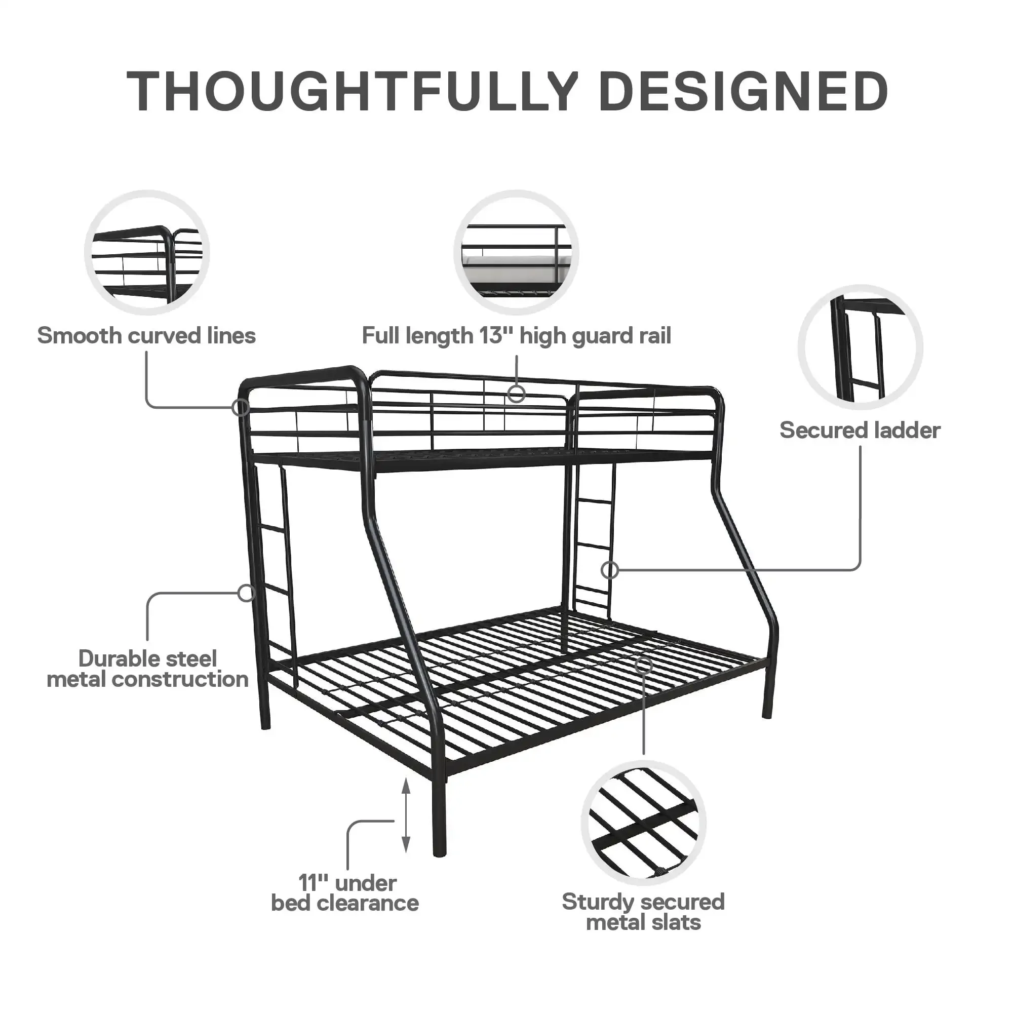 Dusty Twin over Full Metal Bunk Bed with Secured Ladders Black All-metal bunk bed with fixed ladder Mattresses are not included