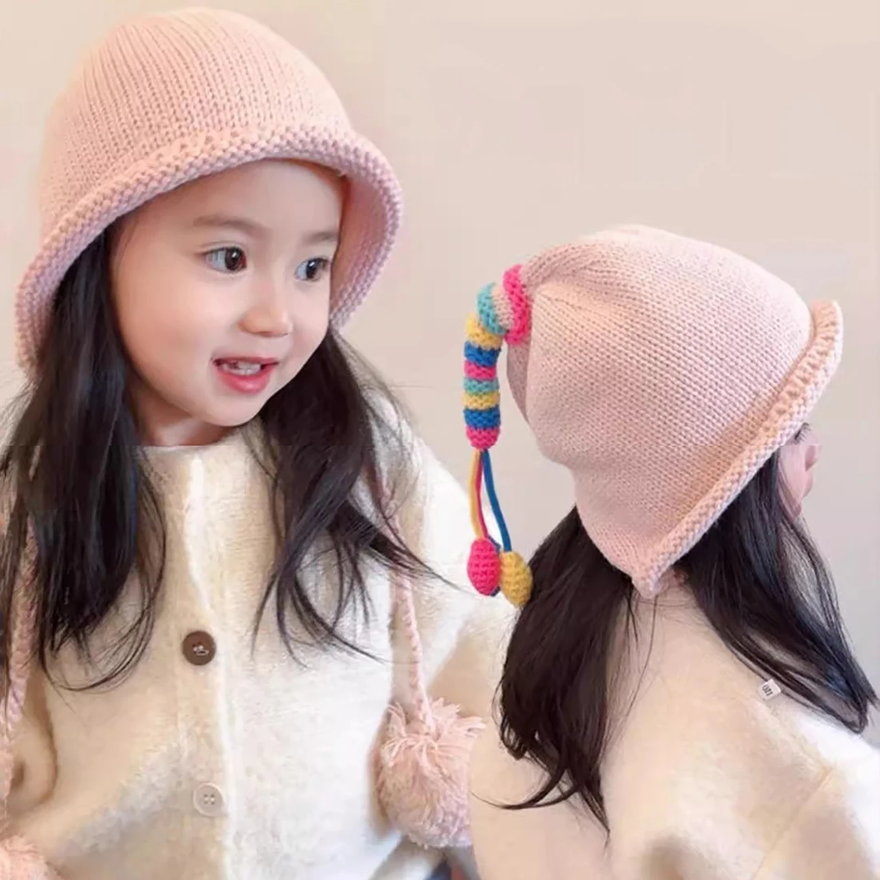 Rainbow Tail Children Ear Protection Hat Winter Warm Kids Woolen Hats Pompom Beanies 1-4Year Baby Pullover Cap Headgear Bonnet view 4