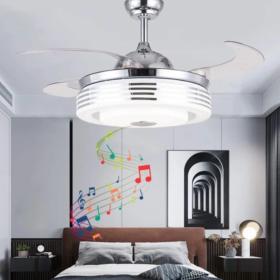 

42-Inch Ceiling Fan with Integrated Smart Bluetooth Speaker and Remote Control Featuring Retractable Blades 3 Speed Settings Di