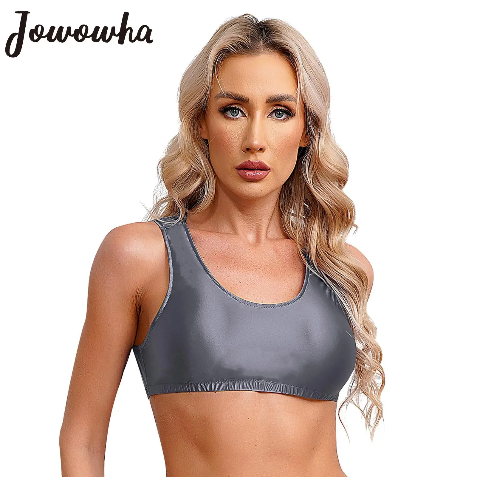 Womens Glossy Cropped Tank Top Solid Color Round Neck Sleeveless Sports Yoga Workout Vest Tops Beach Swimsuit Swimwear Clubwear