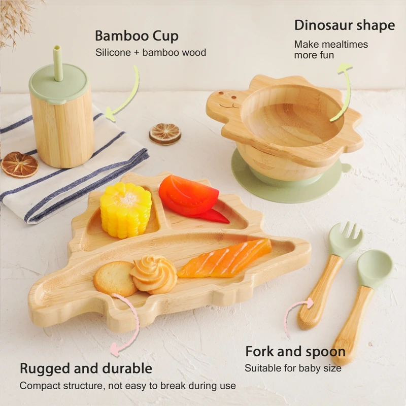 Baby Bamboo Wooden With Silicone Suction Tableware Children Cartoon Dinosaur Feeding Bowl Spoon Fork Set Kid Feeding Accessories