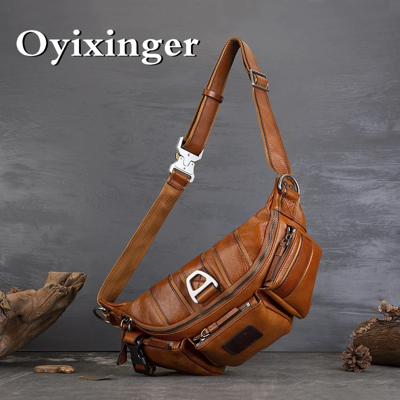 OYfeat INGER-Sac de poitrine en cuir de vachette véritable pour hommes, sacs de taille décontractés, sacs à bandoulière initiés, sac à main de grande capacité, nouvelle mode