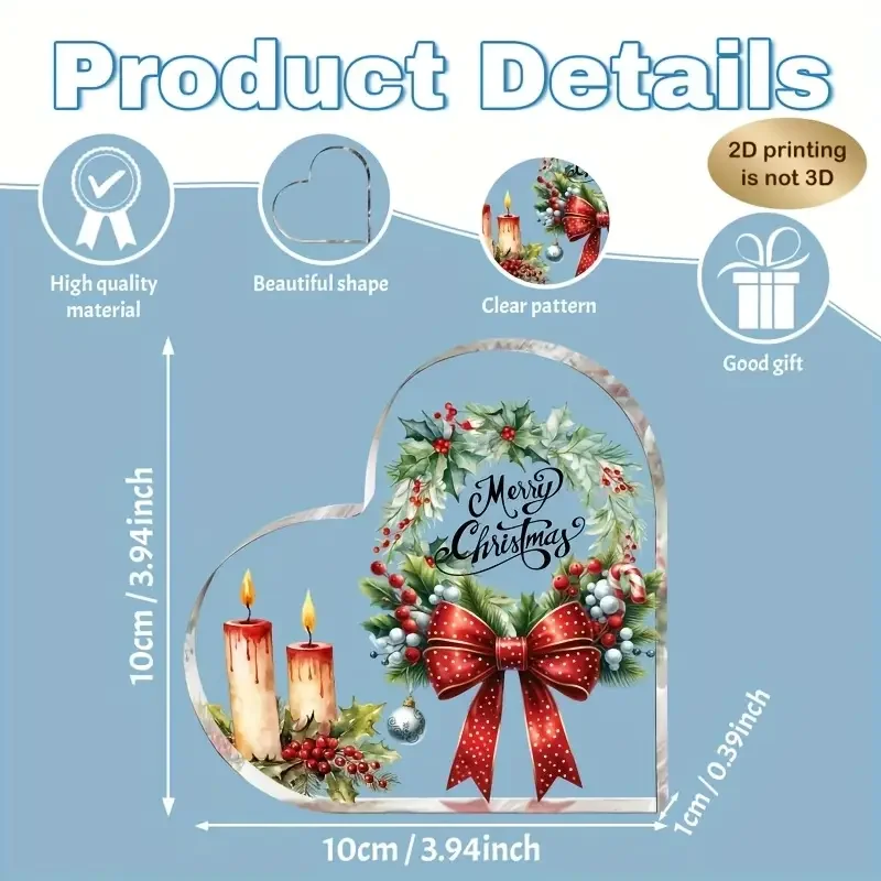 2D Flat, 1pc Heart-Shaped Acrylic Desktop Ornament - Merry Christmas Decoration with Red Berries, Holly Leaves - Elegant