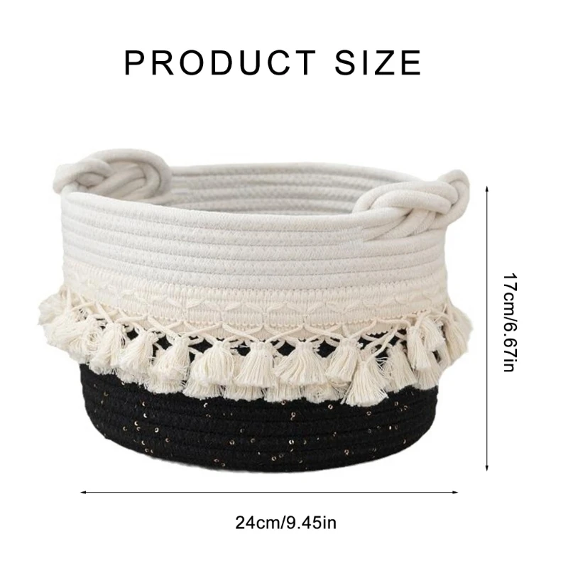 N7MD Stylish Tassels Cotton Rope Storage Basket Sturdy Holder For Home Organization