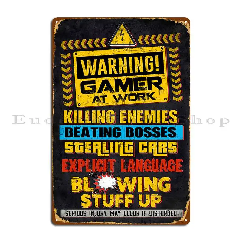 Warning Gamer At Work Metal Sign Rusty Designing Club Party Cinema Tin Sign Poster