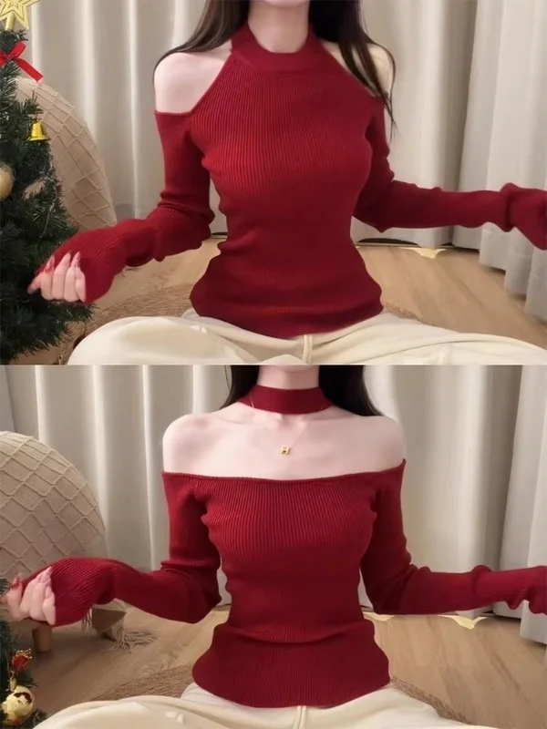 

Красный вязаный топ больших размеров с открытыми плечами и длинными рукавами, женский, в корейском стиле, облегающий, осенне-зимний, с вырезом хенли