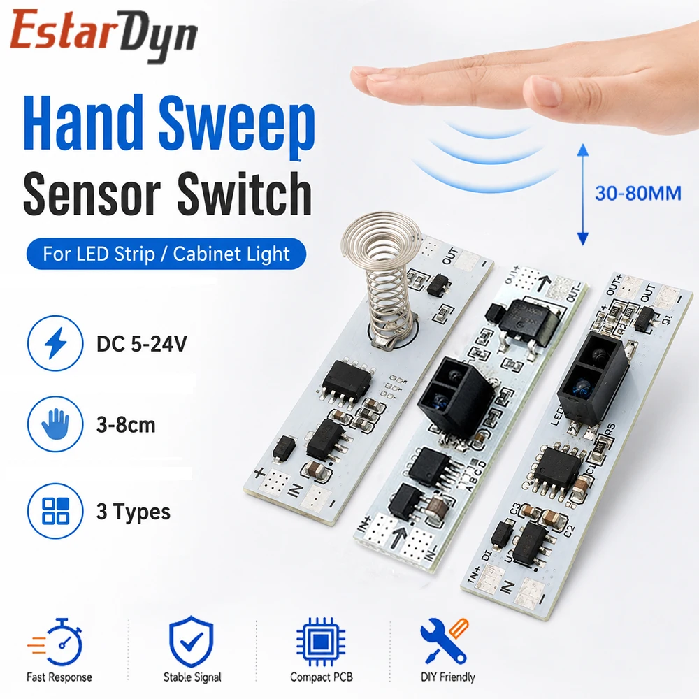 

Estardyn Hand Sweep Sensor Switch DC 5V 12V 24V 3-8cm 3A Constant Voltage Module for LED Strip Cabinet Light XK-GK-4010A