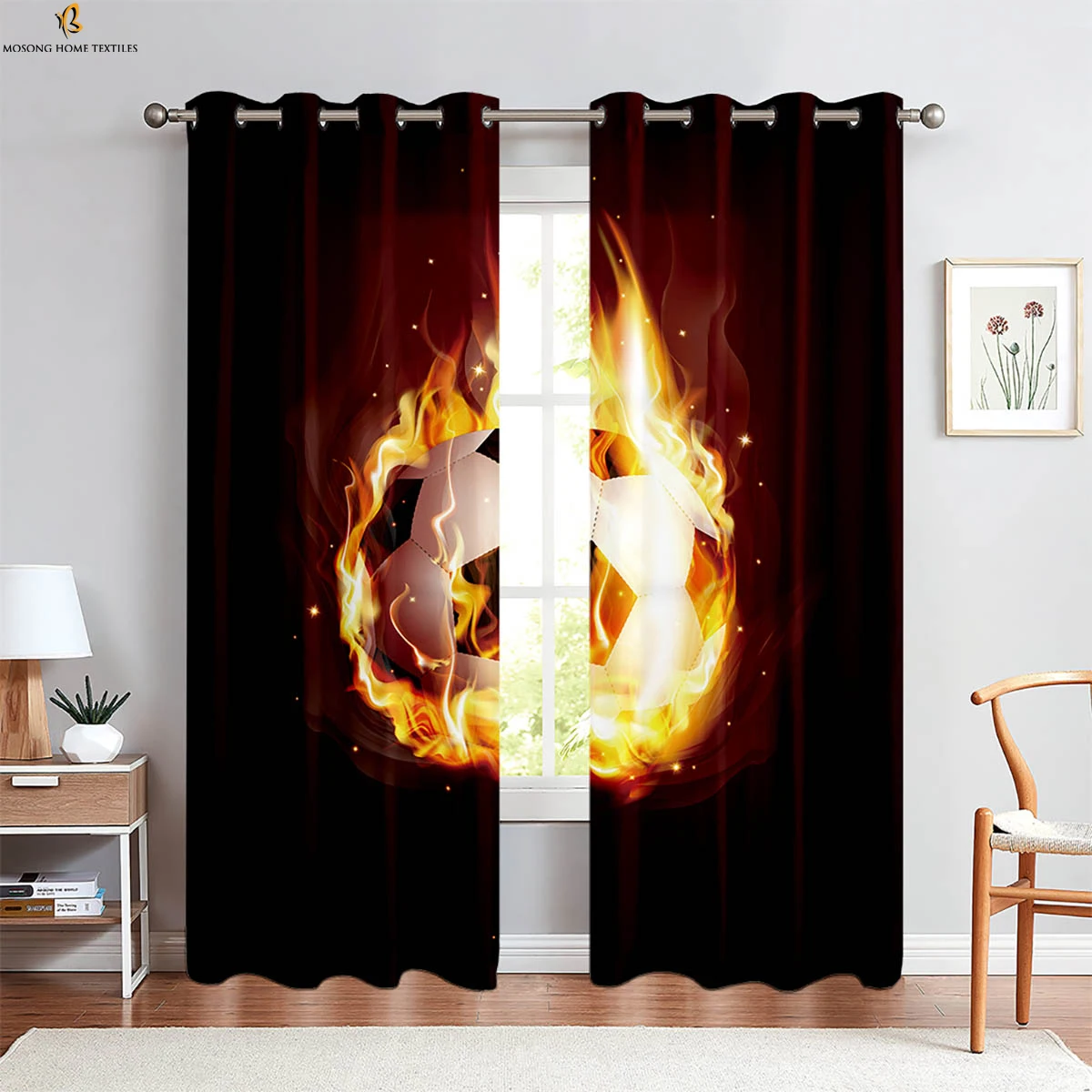 

Fire Breaking Wall Football Creative 3d Printing Curtains Suitable For Bedroom Boy Room Study Room Decorative Curtains 2 Pieces