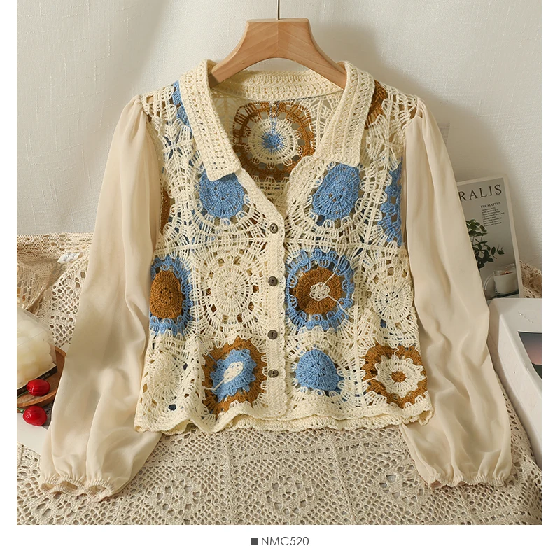 Granny Square Top Long Sleeve Button Front Collared Open-knit Crochet Cardigan Women Teengirl Spring Summer Fairycore Outfit