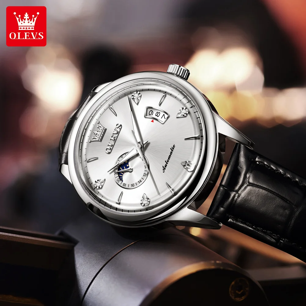 OLEVS Orologio da uomo con movimento automatico Orologio da polso da uomo con calendario multiplo multifunzionale in acciaio inossidabile Orologio da uomo d'affari con fasi lunari