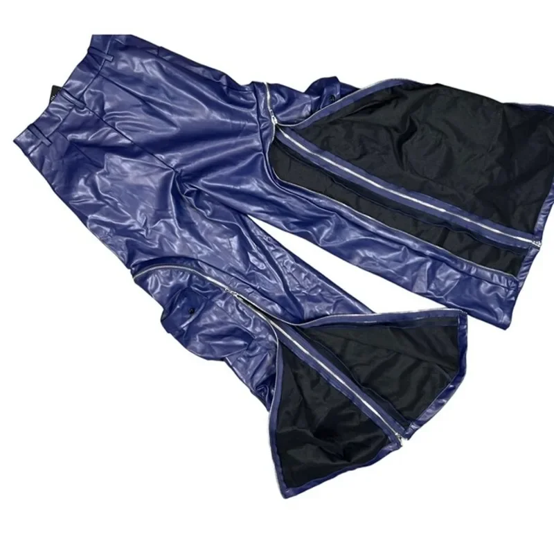 Pantalones de piel sintética con bolsillos desmontables y cremalleras a la moda para mujer, pantalones informales holgados de cintura alta con botones sólidos, pantalones de calle