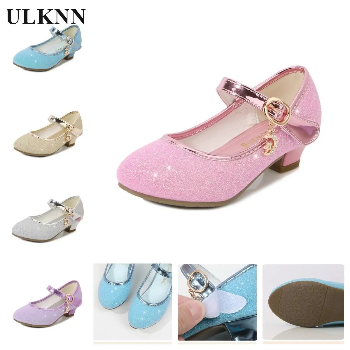 

Children's High Heel Crystal Shoes Girl Pink Piano Performance Shoes Dress Walking Show Shoe Student Silver High Heels Shoes