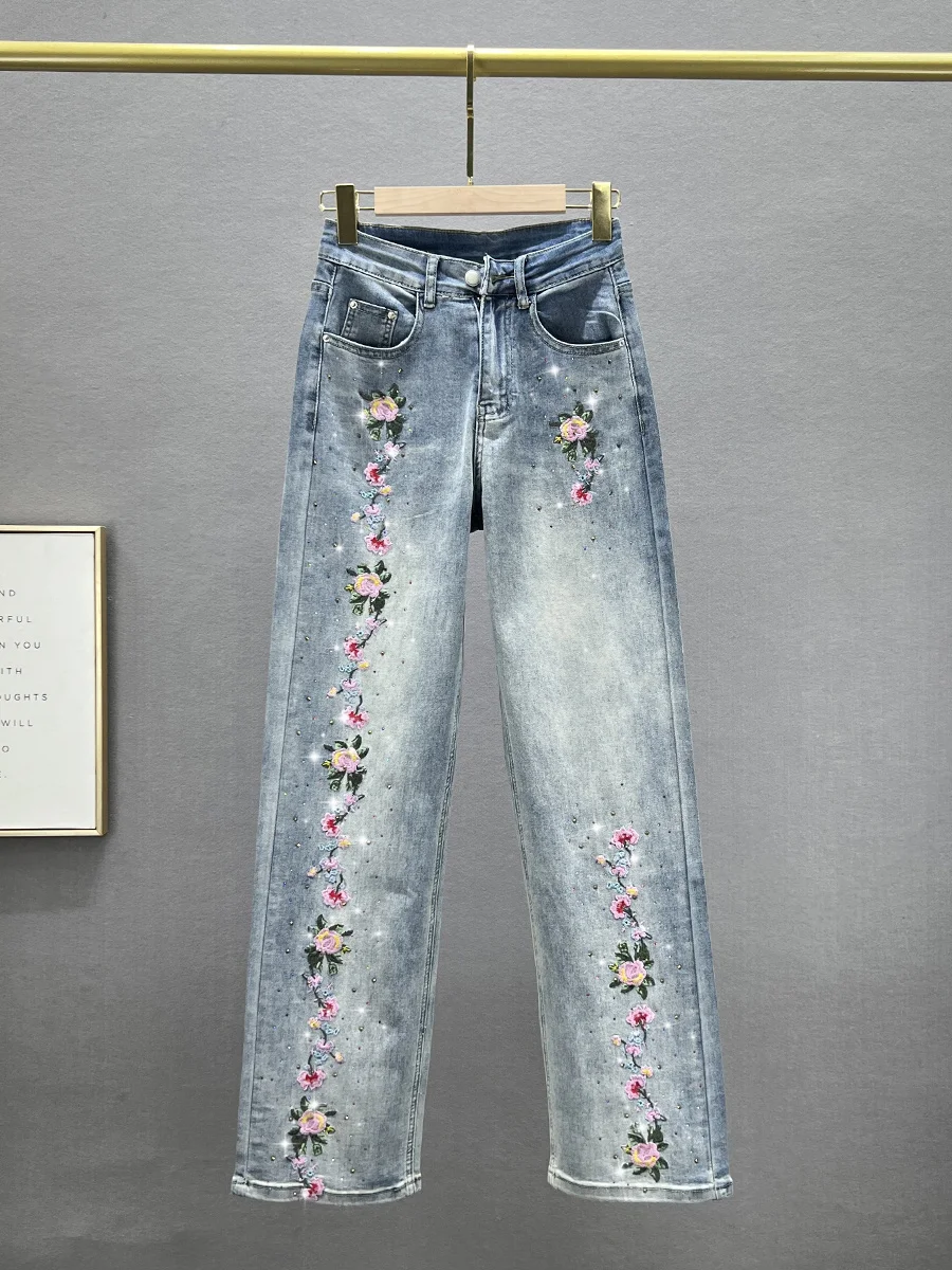

Женские джинсы Ele с вышивкой, с высокой талией, прямого кроя, удлиненные, из тонкого эластичного хлопкового денима, весна-лето, модные