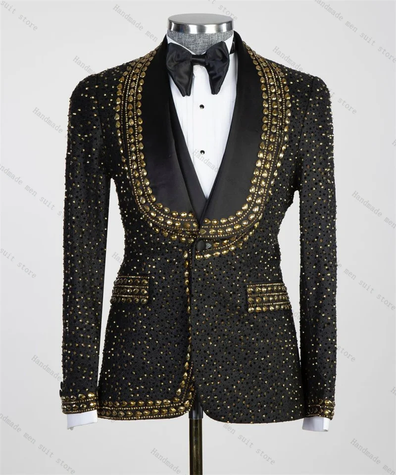 Black Men Suits 2 Piece Blazer+Pants Luxury Crystals Stone Wedding Tuxedo Coat Customized Formal Office Prom Jacket Trousers
