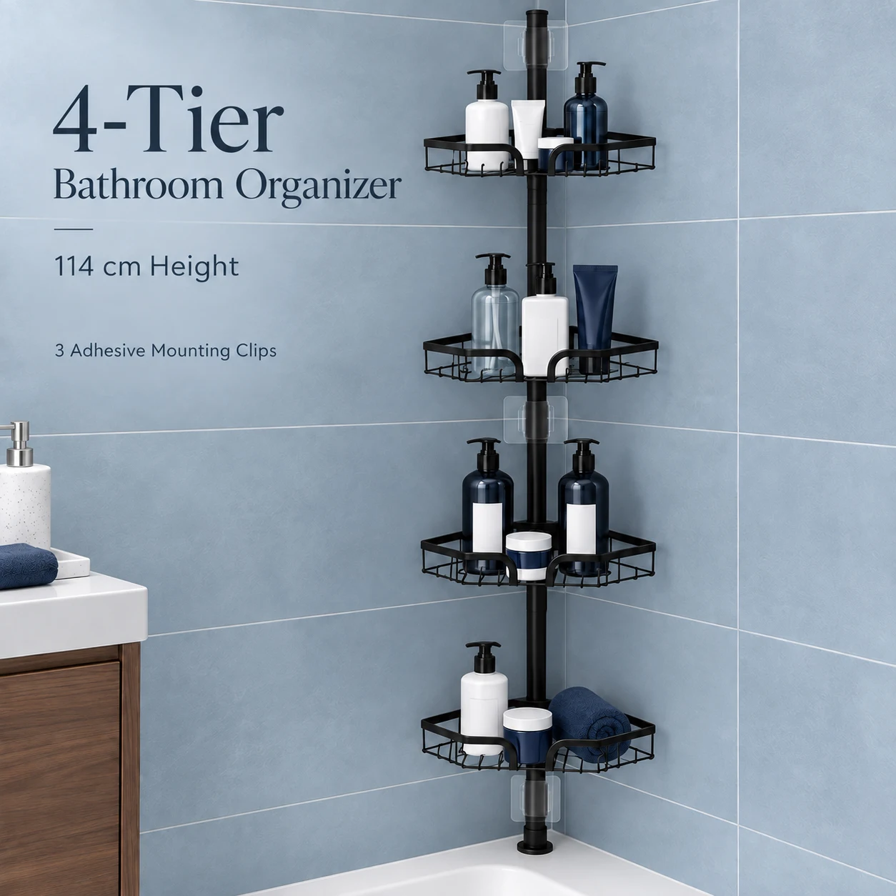 Portaoggetti da doccia angolare telescopico a 4 livelli, regolabile, senza necessità di foratura, scaffale per bagno, organizer salvaspazio, supporto per lo stoccaggio del shampoo.