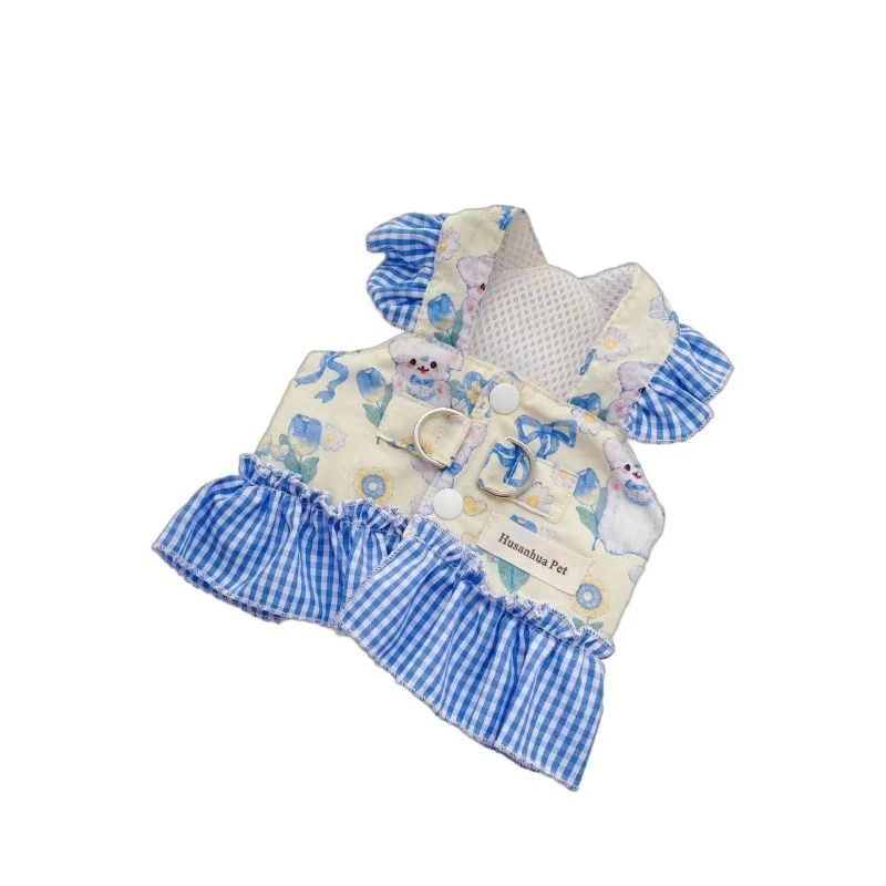 Blue Pet Plaid Candy Colored Harness Clothing for Dogs Cat Tank Top Style Traction Clothing Teddy Bears and Small Dogs Go Out