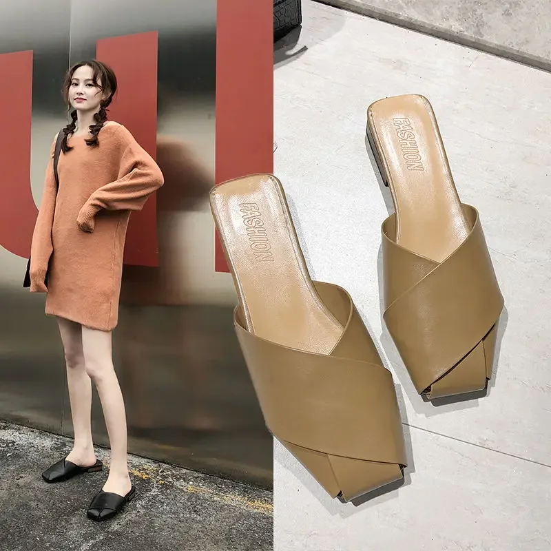 Płaska morelowa buty outdoorowe damska pantofle damskie sandały ślizgi skóra na plaży muły do pracy W nowym stylu naturalna skóra moda B W