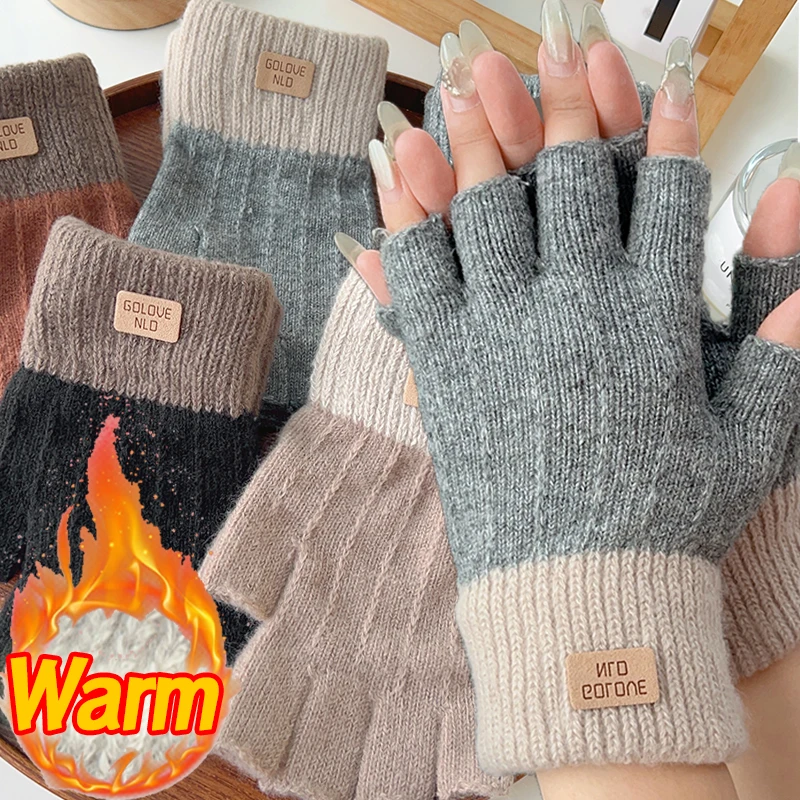 Winter Knitted Fingerless Gloves Half Finger Touchscreen Knitted Thicken Wool Warm Label Thick Elastic Outdoor Driving Gloves