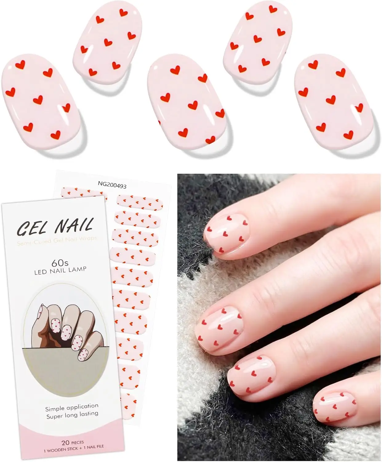 バレンタインデー用レッドハートジェルネイルステッカー - UV/LED硬化ネイルアートストリップ