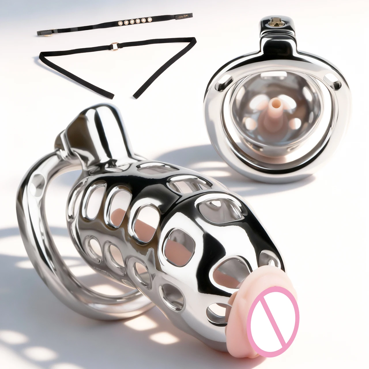 FRRK 18+ Aluminum Alloy Chastity Restraint Device With Skin-Tone Silicone Clitoral Urethral Catheter Cock Ring Adult Erotic Toys