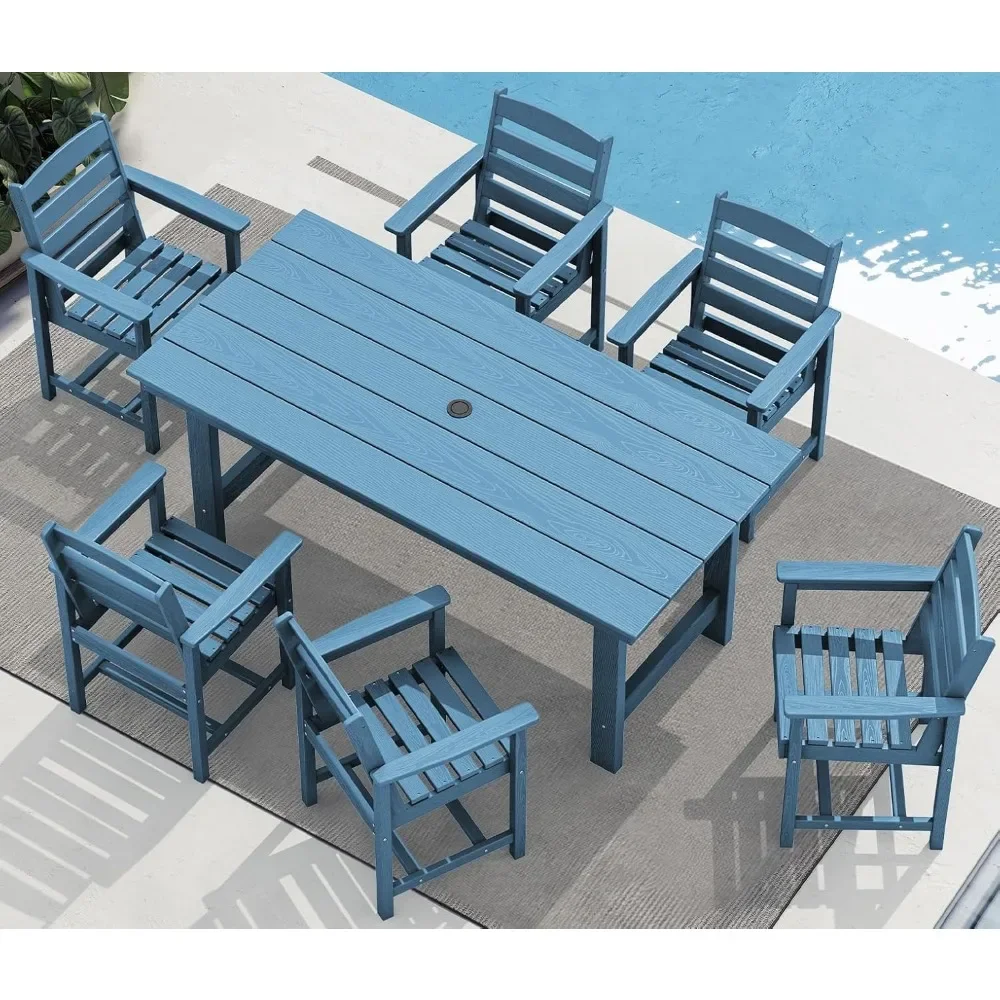 7-Piece Patio Dining Table Sets, Outdoor HDPE Dining Furniture Set with Umbrella Hole Cut-Out Table and 6 Chairs, Blue