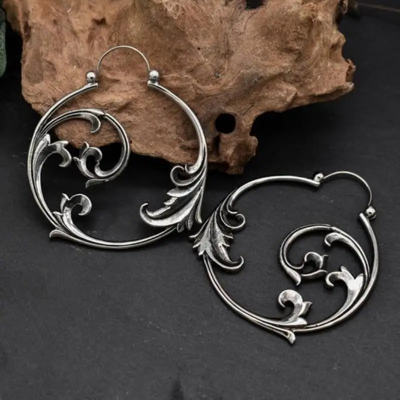 Pendientes de plata vintage de estilo minimalista con patrón tallado en metal, colgante espiral geométrico étnico, joyería para mujer