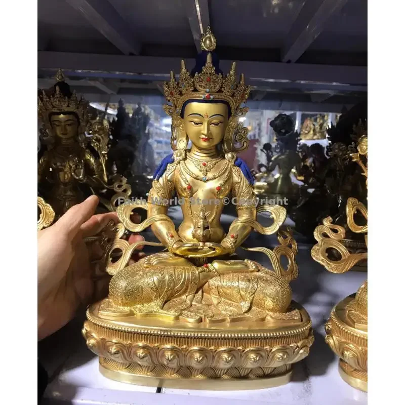 12 inch high quality Tibet longevity Buddha Amitayus statue gemstone copper Buddha statue Altar worship Buddhist supplies