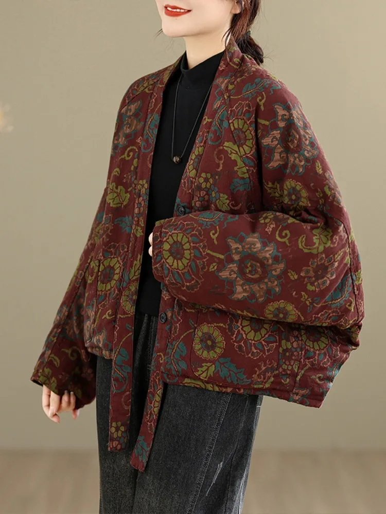 Retro Large Size Hemp Cotton Print Jacket Women's Winter Small Size Cotton Coat Thickened Zen Style Outerwear Coat