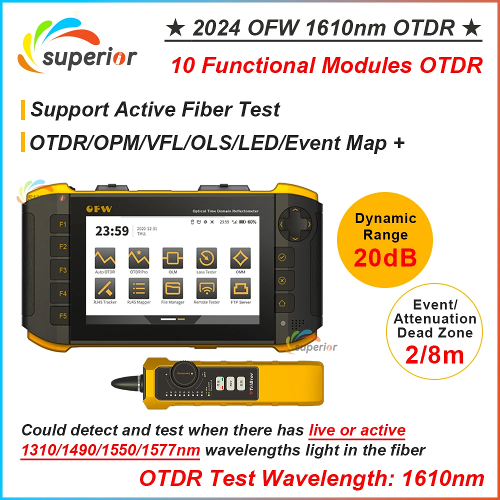 جهاز اختبار الألياف الحية النشط المصغر من OFW ، عاكس بصري ، جهاز عاكس ، شاشة تعمل باللمس ، IOLA ، OPM ، VFL ، خريطة الحدث ، 1610 نانومتر ، 20 ديسيبل ، جديد ،