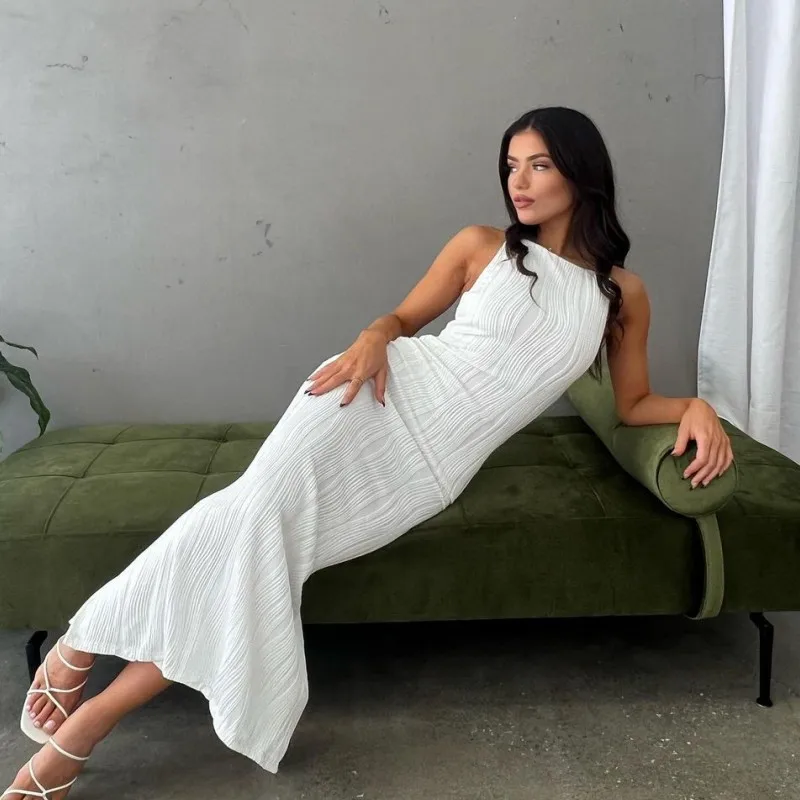 Long White Dress Women Streetwear Summer 2025 New Tight Fitting Dresses with Sleeveless Pullover Solid Temperament Skirt