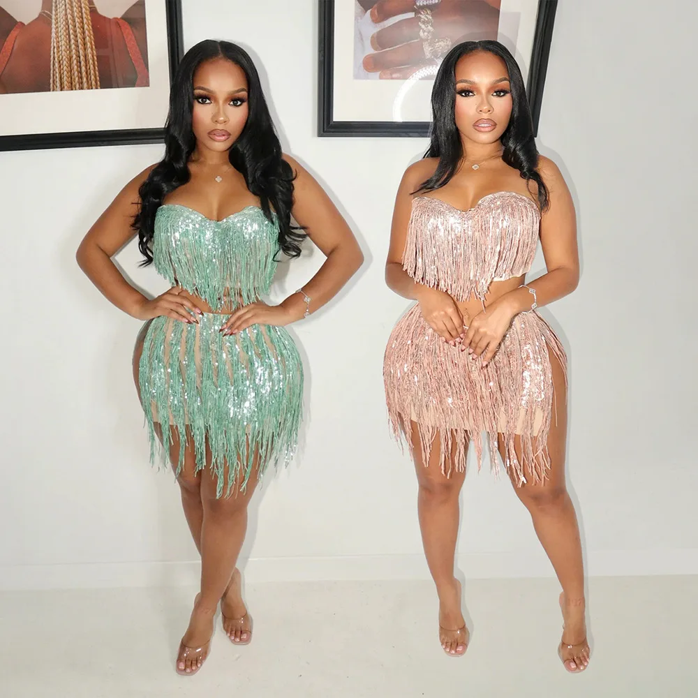 

Tube Tops Fringe Mini Dress Two Piece Sets Summer Club Party Dress Sexy Evening Bodycon Dress Elegant 2 Piece Set Outfit