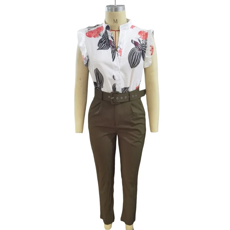 Elegant Short Sleeve Shirt Pants Set Office Lady Fashion V Neck Floral Print Ruffles Trousers Two Piece Set Women Outfit 2024