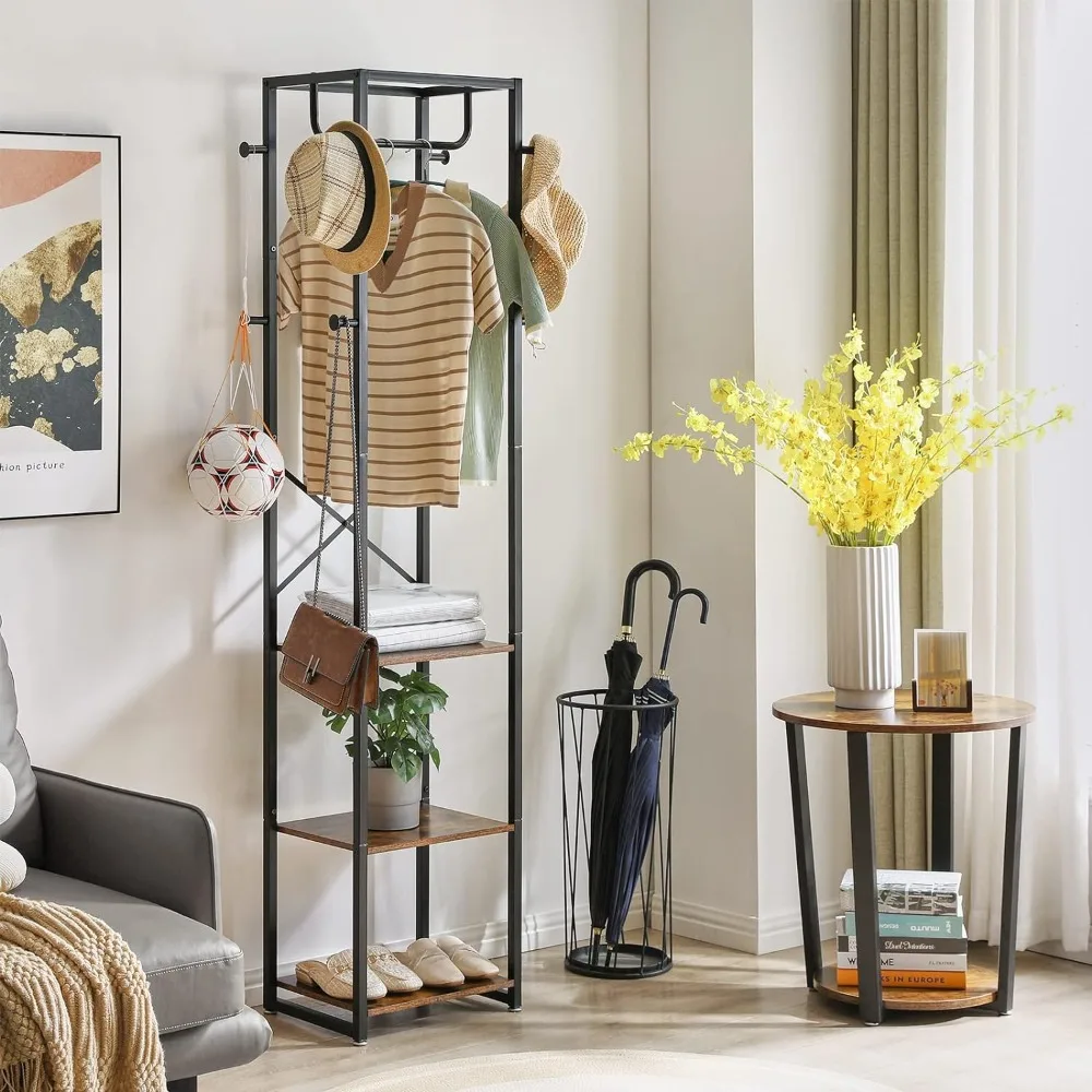 

Coat Rack with Shelves, Freestanding Hall Tree with 3 Shelves and 8 Hooks, Industrial Clothes Stand for Entryway, Hallway