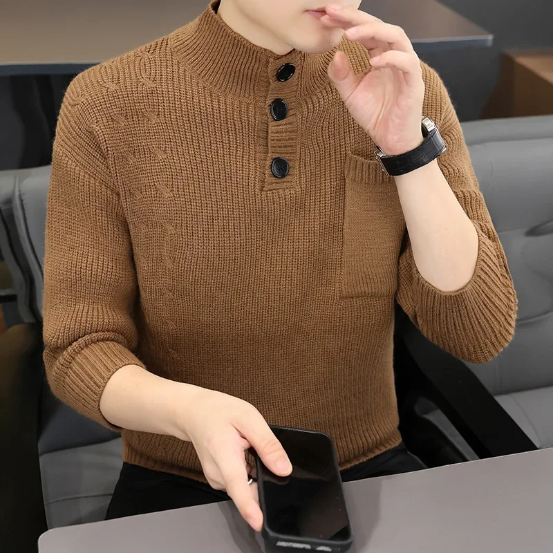 Versi Korea Sweater Rajut Pria Kerah Setengah Tinggi Lengan Panjang Warna Solid Kancing Depan Model Pullover Pakaian Atasan Pria