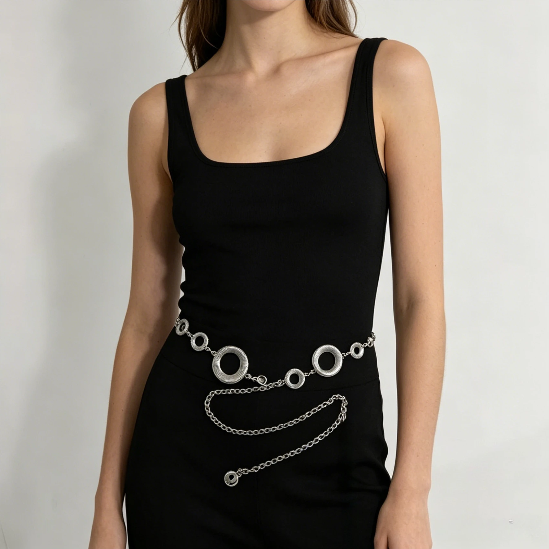 1 new personalized geometric round single-layer simple punk metal body belt women's gold silver tight belt