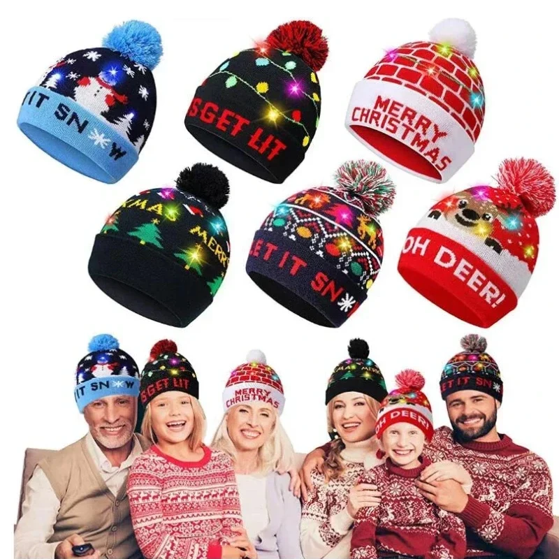 Christmas Led Knitted Hats Autumn Winter Woolen Yarn Warm Coloured Lights Luminescence Caps Adult Child Party Decorative Hats