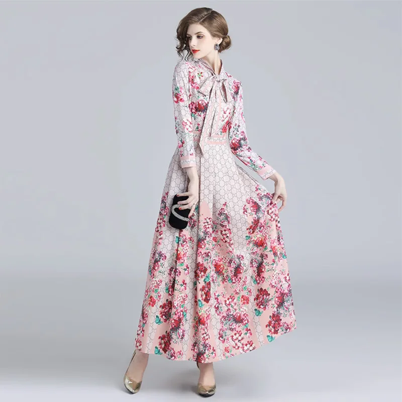 Spring Summer Abaya Fashion Women's Dress Temperament Long Sleeve Waist Slimming Printed Dress with Lace-up Malay-muslim Dress