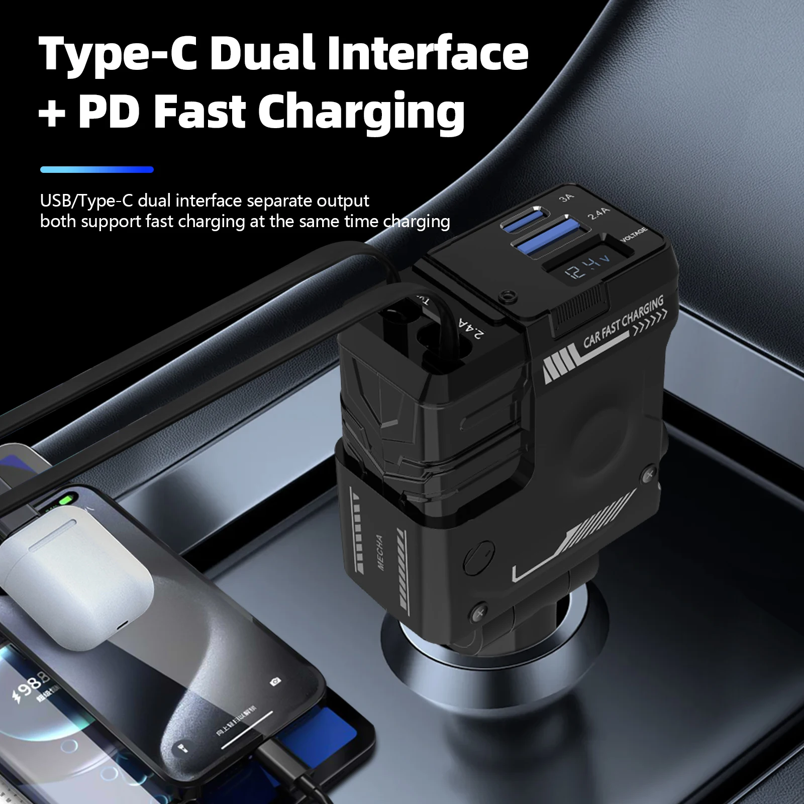 100w Super Fast Charger 4 IN 1 Car Charger with Retractable Cable and USB & Type-C Port Adapter Compatible with Apple & Android