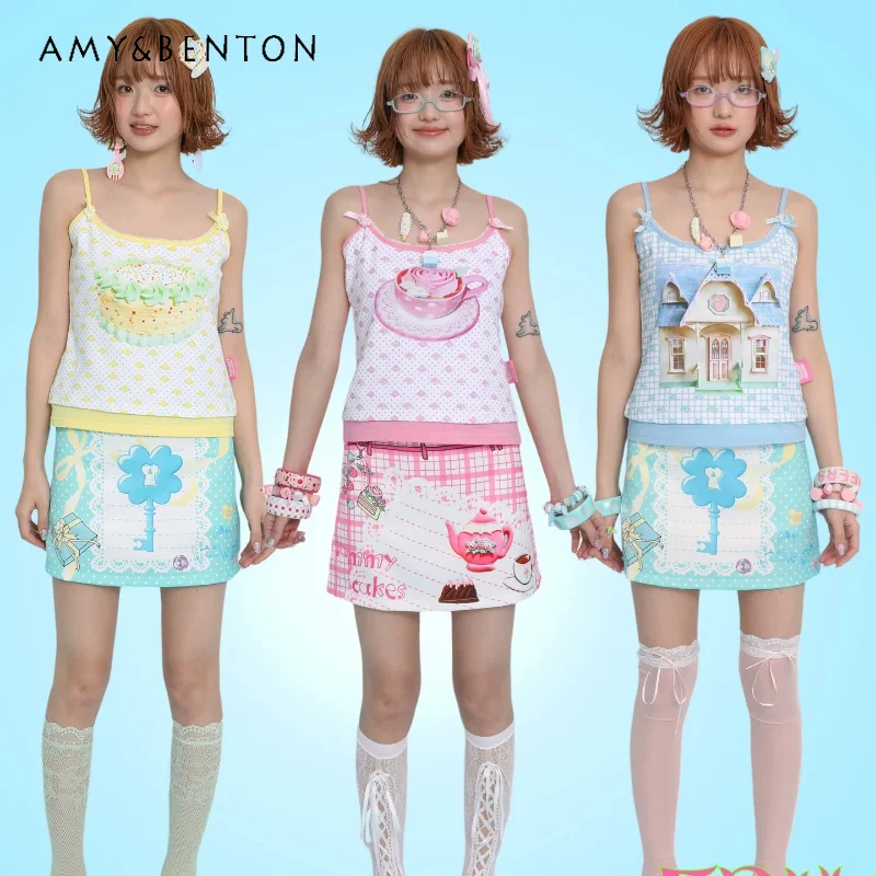 

2026 Summer New Cute Girls Y2k Print Women's Sling Vest Japanese Style Design Sweet Cool Versatile A-line Skirts Sets Ladies