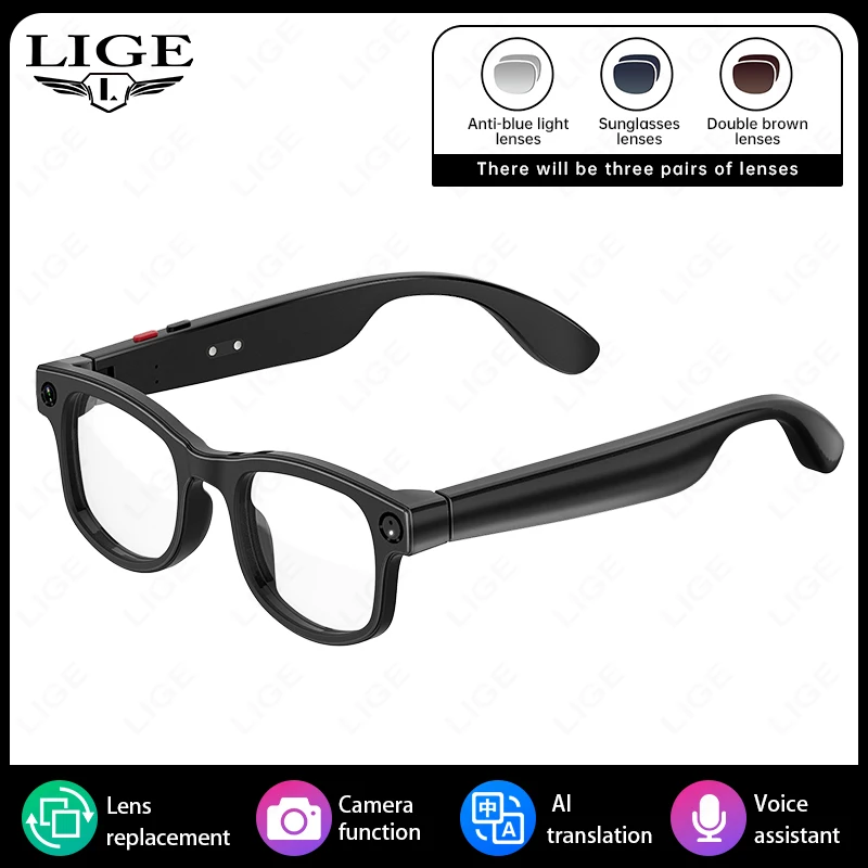 LIGE AI Smart Camera Glasses 500W HD Video Recording With Long-Lasting Battery Voice Assistant Calling Music Outdoor Sunglasses