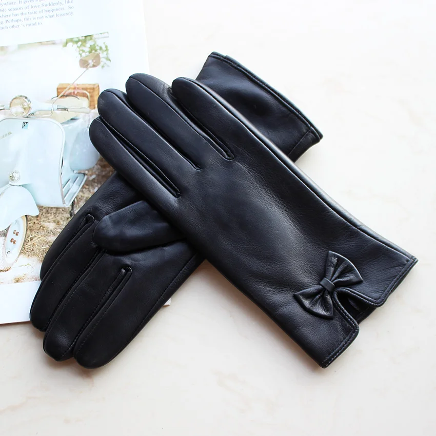 Winter warme kleur lederen handschoenen dames schapenvacht fluwelen voering mode gestreepte stijl winddichte rijhandschoenen