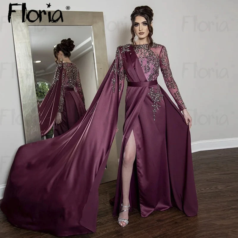 

Long Cape Sleeve Burgundy Muslim Evening Dress Dubai A Line Long Sleeve Prom Gown Celebrity Dress Arabic Wedding Party Dress